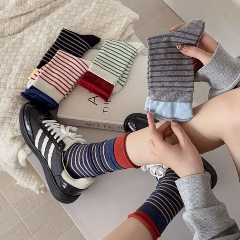 

Lady's New Autumn-winter Trendy Long Socks with Double Round Cuffs and Striped Design, Breathable Mid-calf Socks