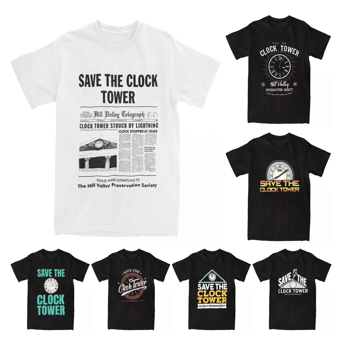 Save The Clock Tower T Shirts for Men Pure Cotton Vintage Humor T-Shirt Hill Valley Preservation Society Tees Tops Plus Size