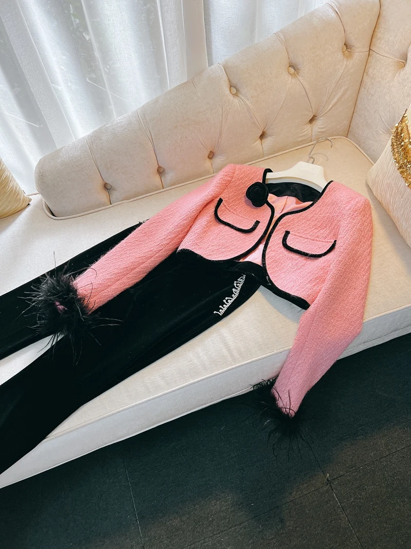 

Retro Hong Kong Sle Feather Sve Coat Bla Velvet Diamond Embellied Ostrich Feather Split Set Pants Pink Ladies Faion