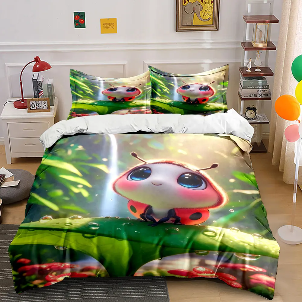 Cute ladybug sitting on leaf Print Bedding Set 1 Duvet Cover 2 Pillowcases for Adult and Children Luxury Gift Full Size