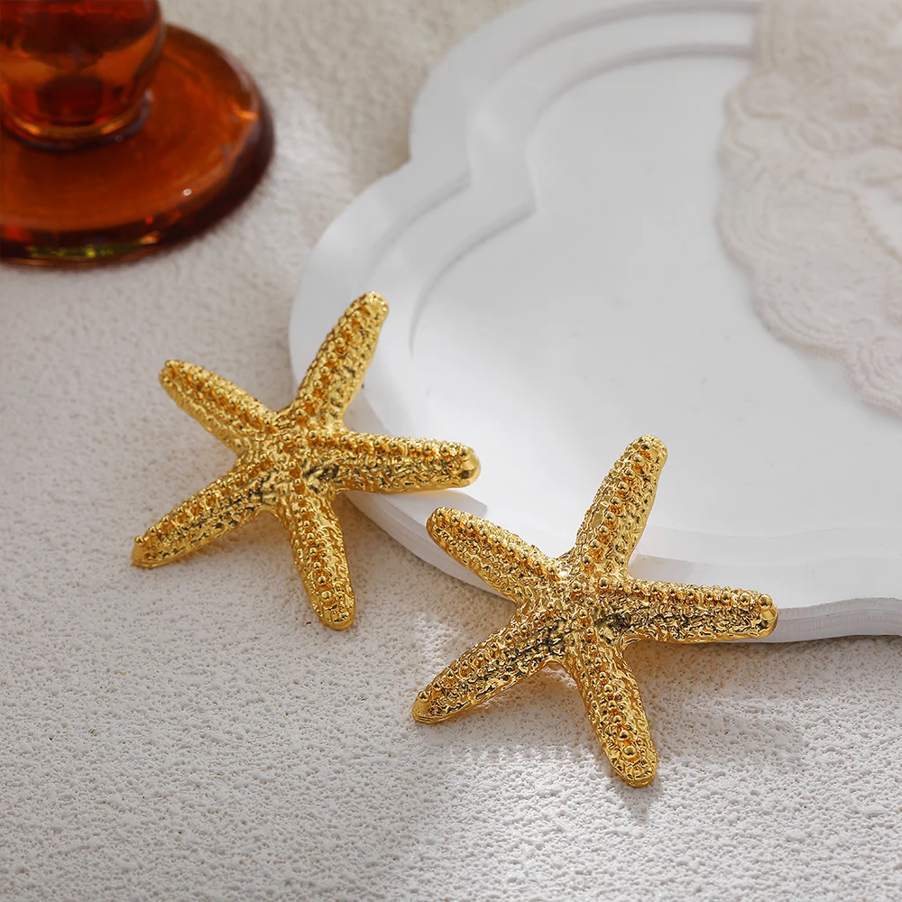 New Trendy 18K Gold Plated Stainless Steel Sea Ocean Element Starfish Earrings for Women Summer Beach Waterproof Jewelry Gifts