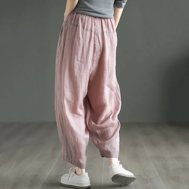 Summer Linen Ankle Length Pants Women Vintage High Waist Big Size 87-90cm Lined Pantalones New Ultralight Casual Jogger Trousers