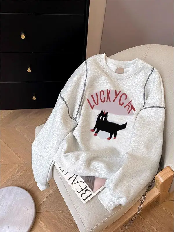 

Женский длинный свитшот с мультяшным принтом размера плюс 300, тонкий корейский топ, модная уличная одежда, осенняя одежда