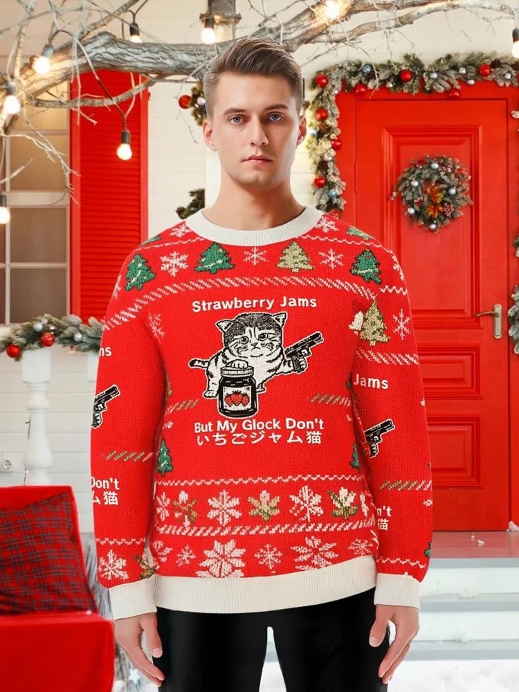 

Мужской праздничный рождественский уродливый свитшот Strawberry Jam Cat, новинка 2026, осенняя мода, мужские пуловеры с круглым вырезом и длинными рукавами