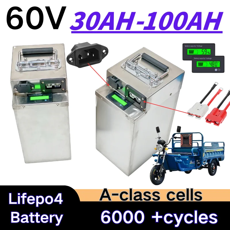 60V Lifepo4 Battery for Electric Motorcycle 30Ah 40Ah 50Ah 60Ah 70Ah 80Ah 90Ah 100Ah High Capacity 1800W 3KW Rickshaw Two Wheele