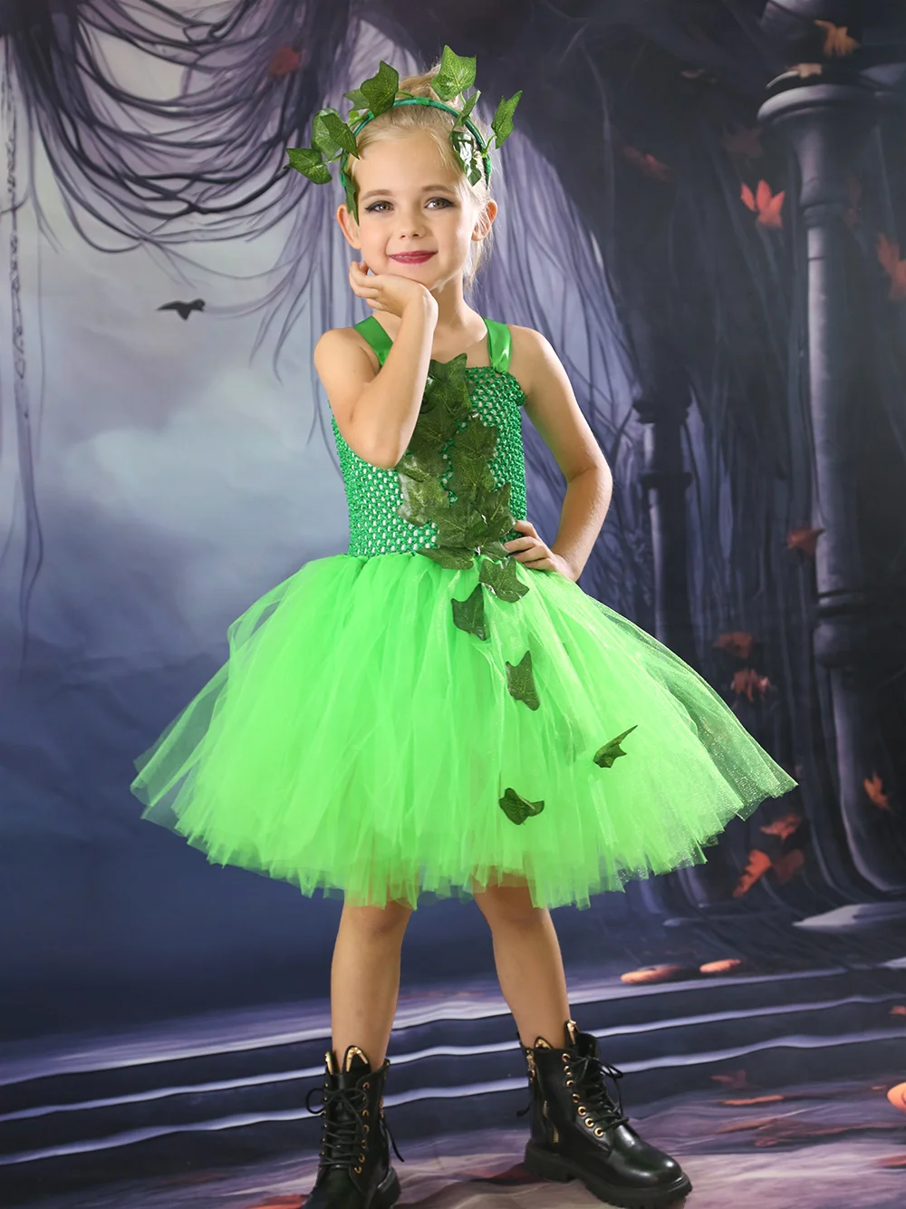 Children Posion Ivy Costume Tutu Dress with Headband Kids Halloween Costume Girls Tulle Dress Carnival Woodland Villain Costumes