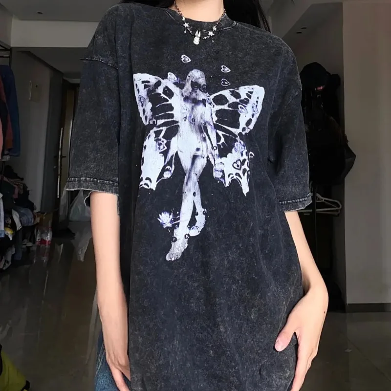 

Grunge Vintage Black T-shirts Women Kpop Streetwear Angel Print Short Sleeve Top Harajuku Hippie Oversize Female