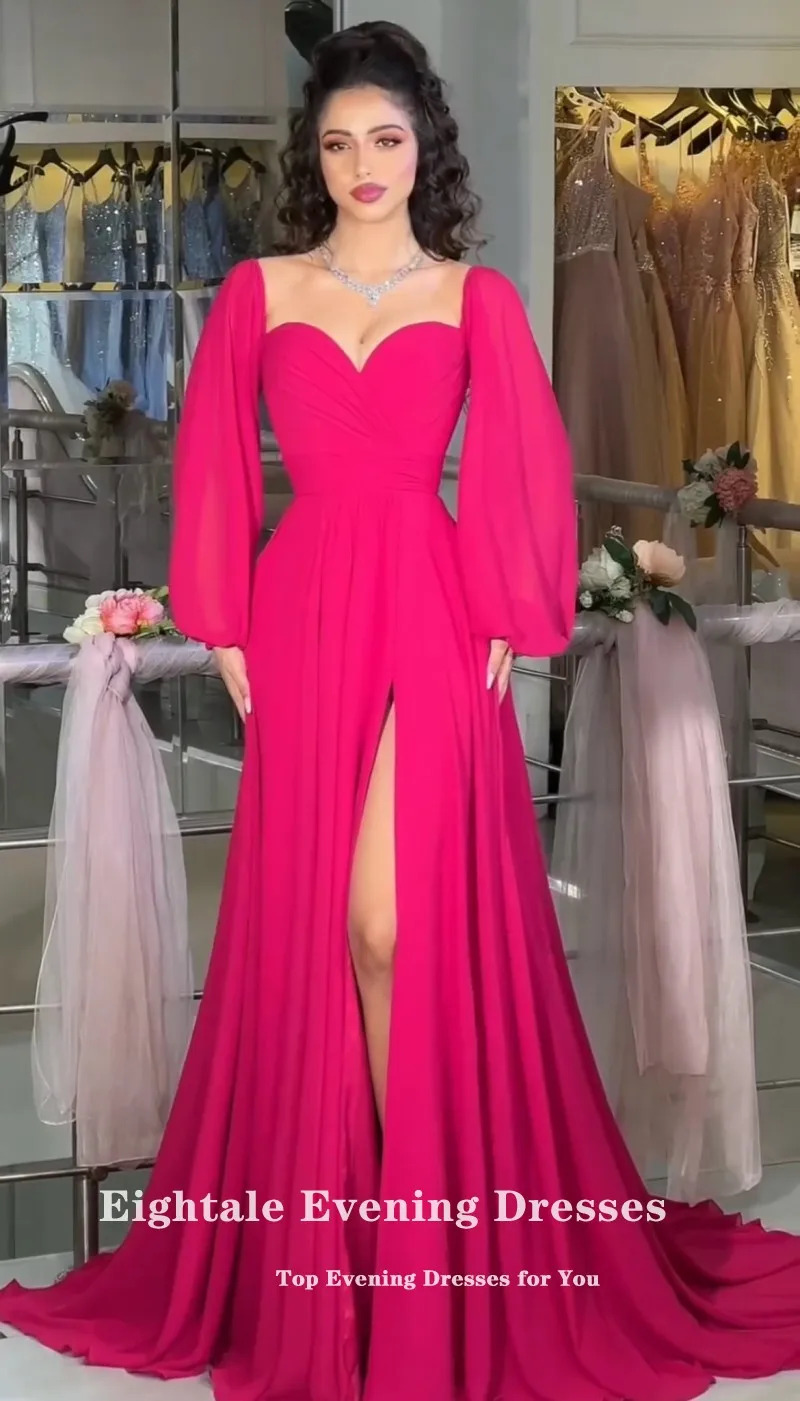 Eightale Neon Pink Evening Dress Long Puffy Sleeves Chiffon Sweetheart Customized Celebrity Prom Gown Party Dress robe de soiree