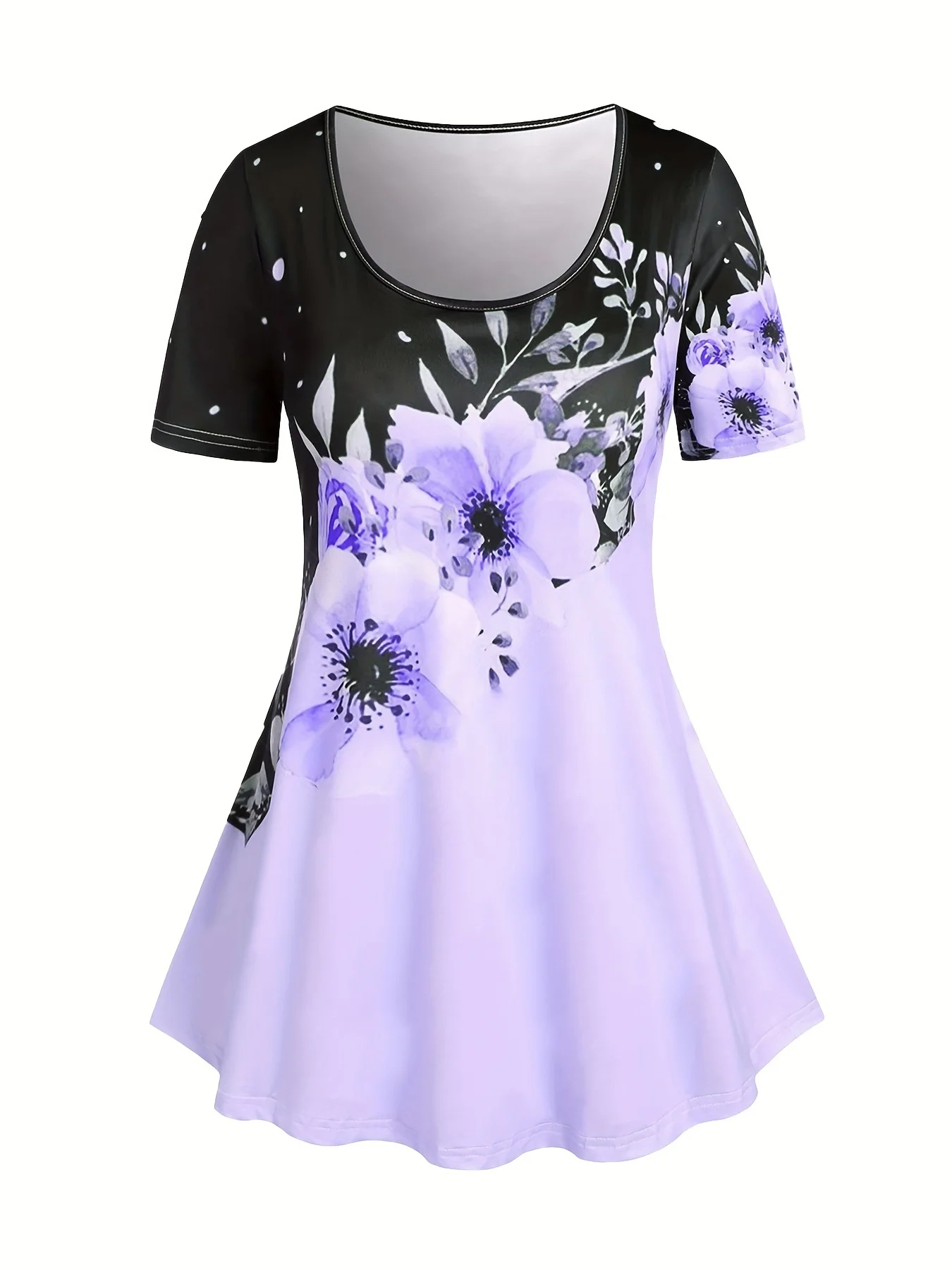 Plus Size Women Summer Large Casual Purple Short Sleeve Flower Print T-Shirt Pants Oversized Two-Piece Suit Short Sets