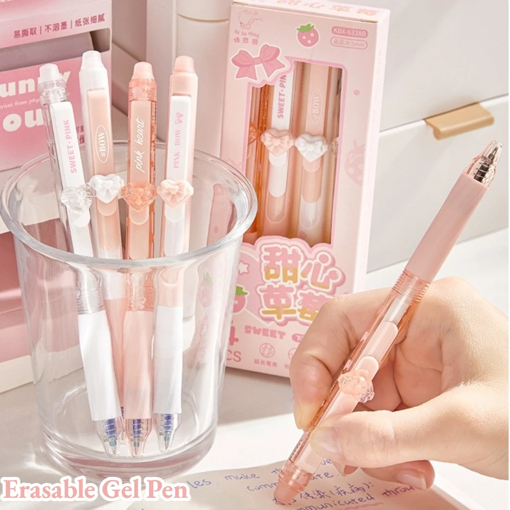 4Pcs Sweet Strawberry Erasable Pens Aesthetic Bow Gel Pen 0.5mm Balck/Blue Ink Student Writing Neutral Pen Kawaii Stationery