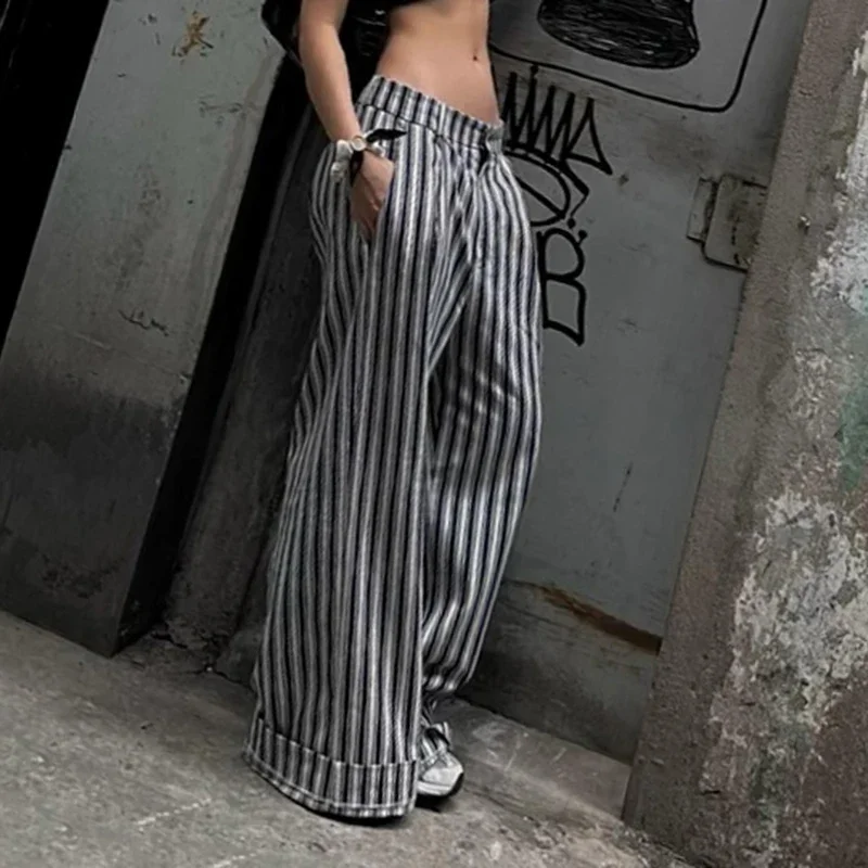 HUISONG Striped Low Waist Wide Leg Pants Women Old Money Style Streetwear Fashion Baggy Trousers Office Elegant Suit Pants 2024