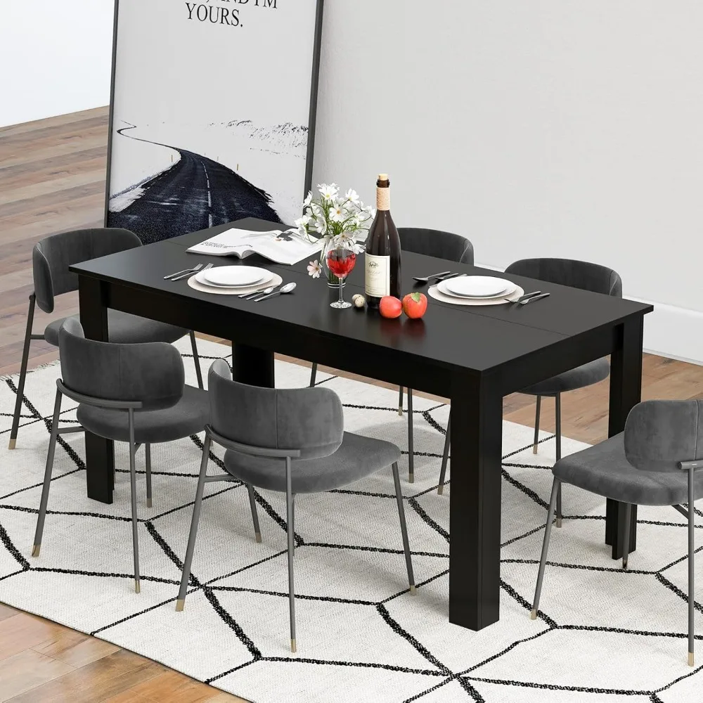 Black Dining Table for 6, Farmhouse 63’’ Rectangular with L Shaped Legs for Dining Room, Kitchen, Restaurant