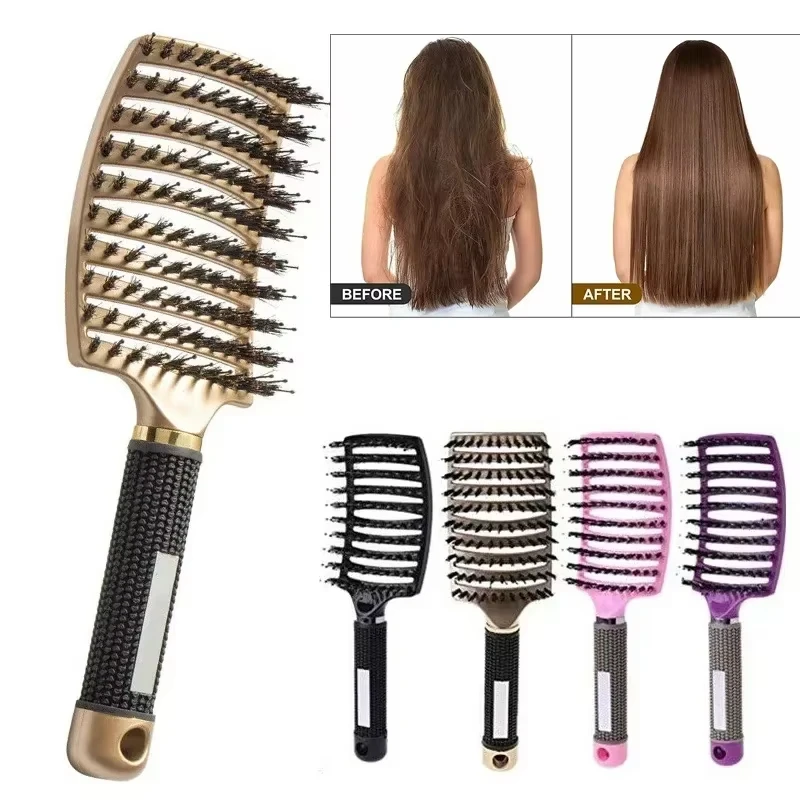 Boar Bristle Detangling Hair Brush Scalp Massage Comb Wet Curly Hair Detangler Anti-slip Handle Hairdressing Styling Tool