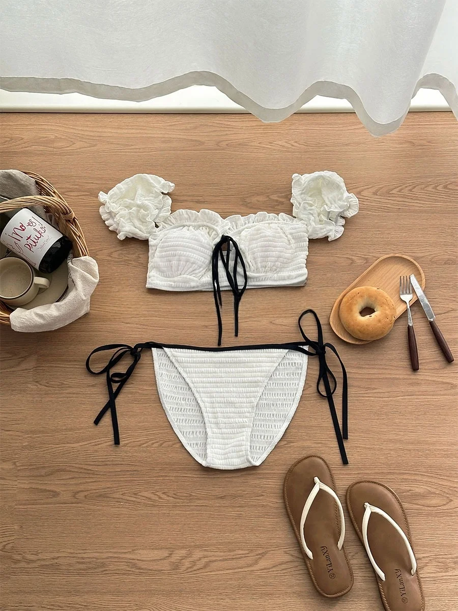 

Белый раздельный купальник Sweet Girl's с рюшами и эффектом тай-дай для пляжа, отпуска и поездок в онсэн, с чашечками, без косточек