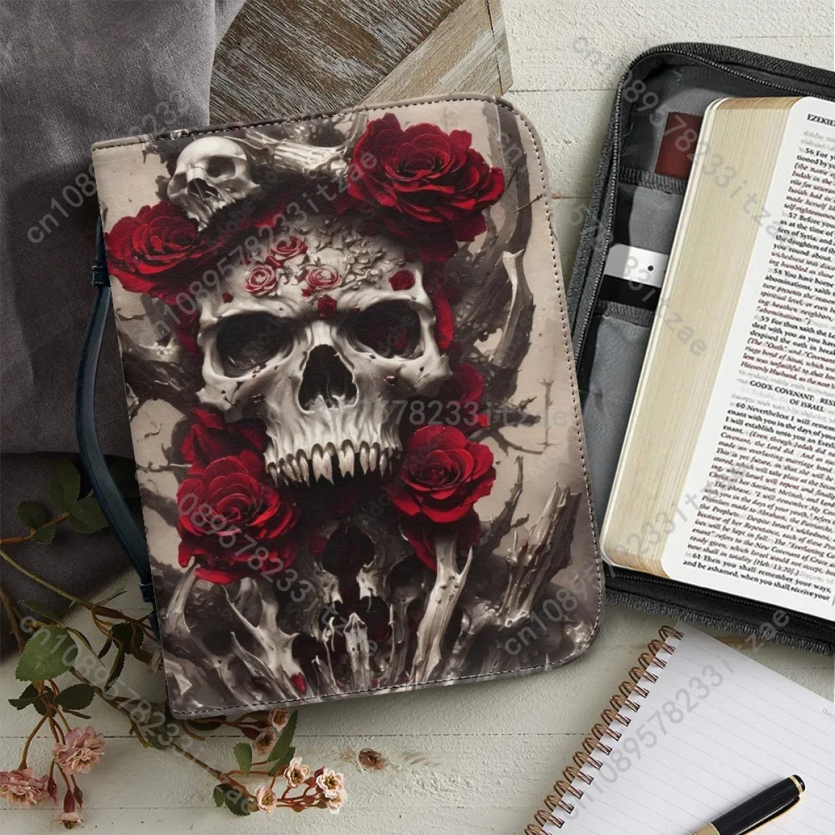 

Handbag for Women PU Bible Organizer Gothic Skull Pattern Print Zipper Handle Bible Storage Bags Bible Cover Case Halloween Gift