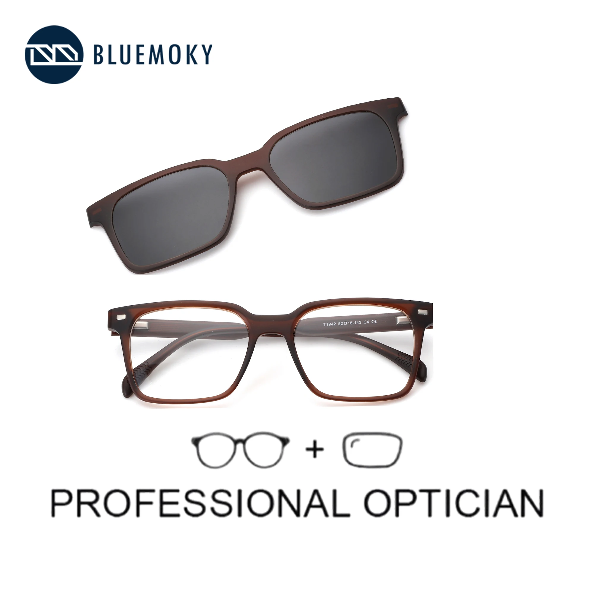 BLUEMOKY Retro Ultra Light weight Prescription Glasses Magnetic Clip-on Square Polarized Sunglasses UV400 Protection For Men