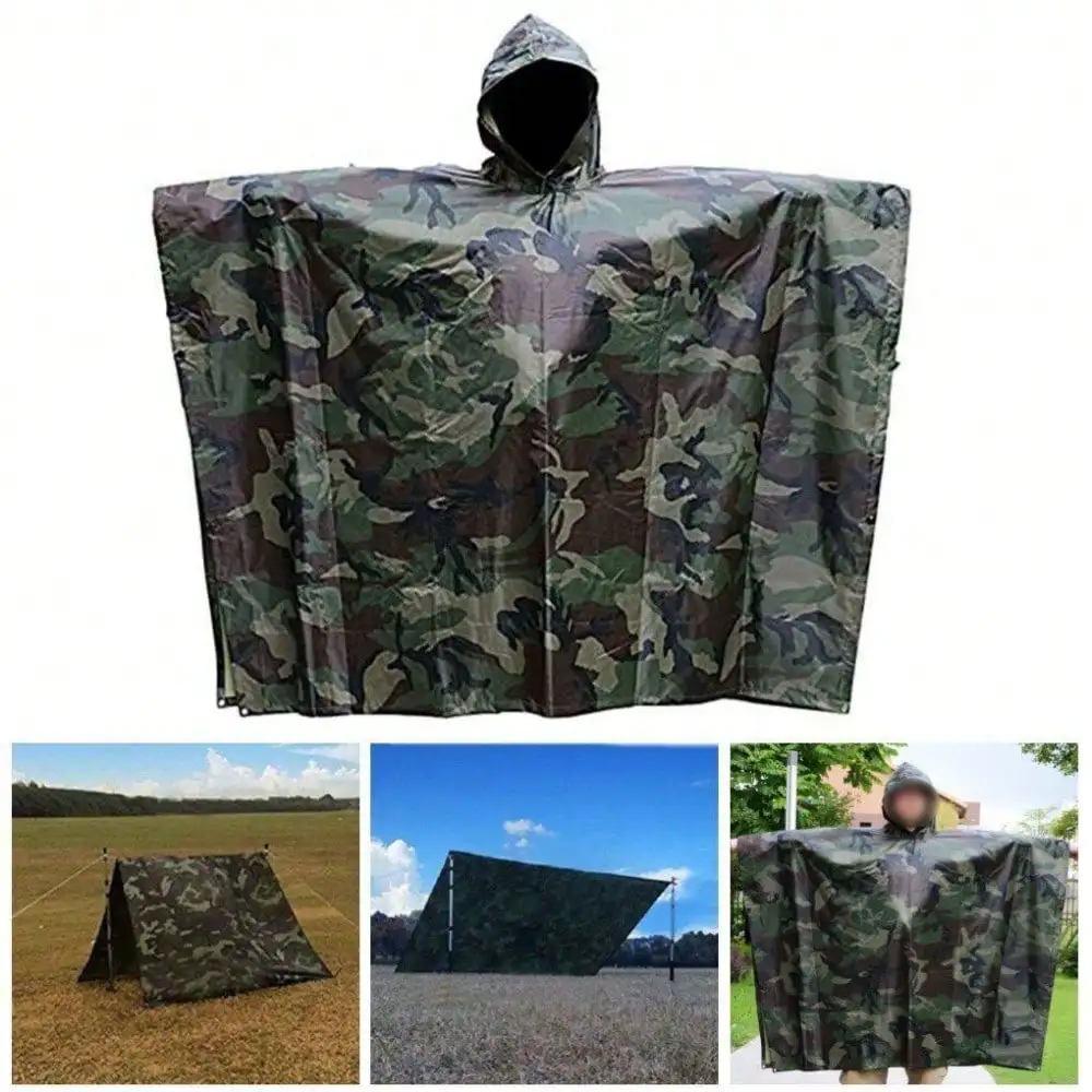 

New US Woodland Ripstop Wet Weather Camo Raincoat Poncho For Camping Hiking