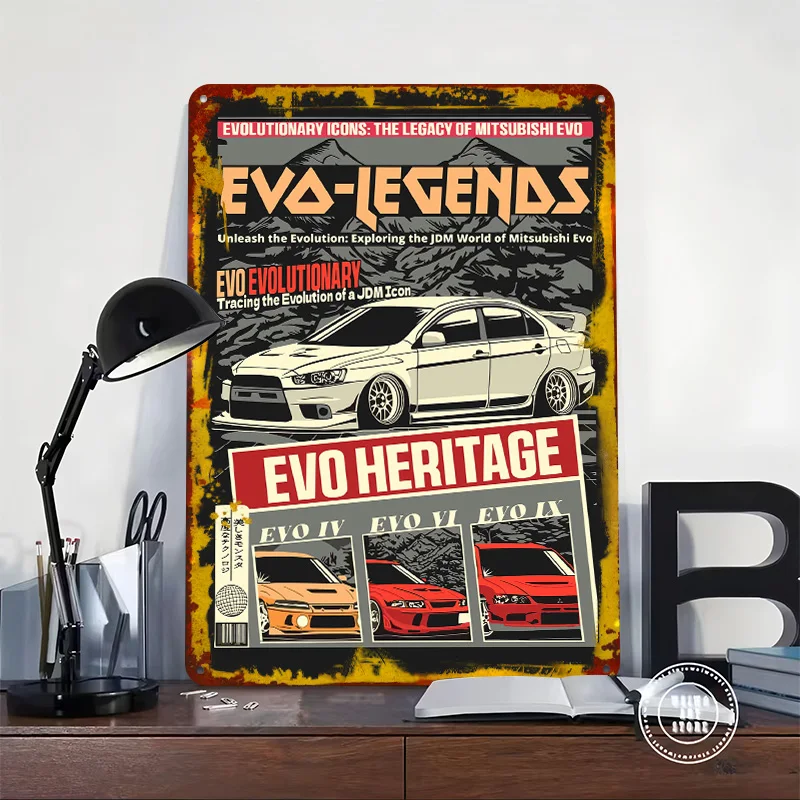 Japanese Car Evo Legends Printed Poster Customized Wall Art Retro Vintage Metal Tin Signs for Bedroom Decoration Gaming House