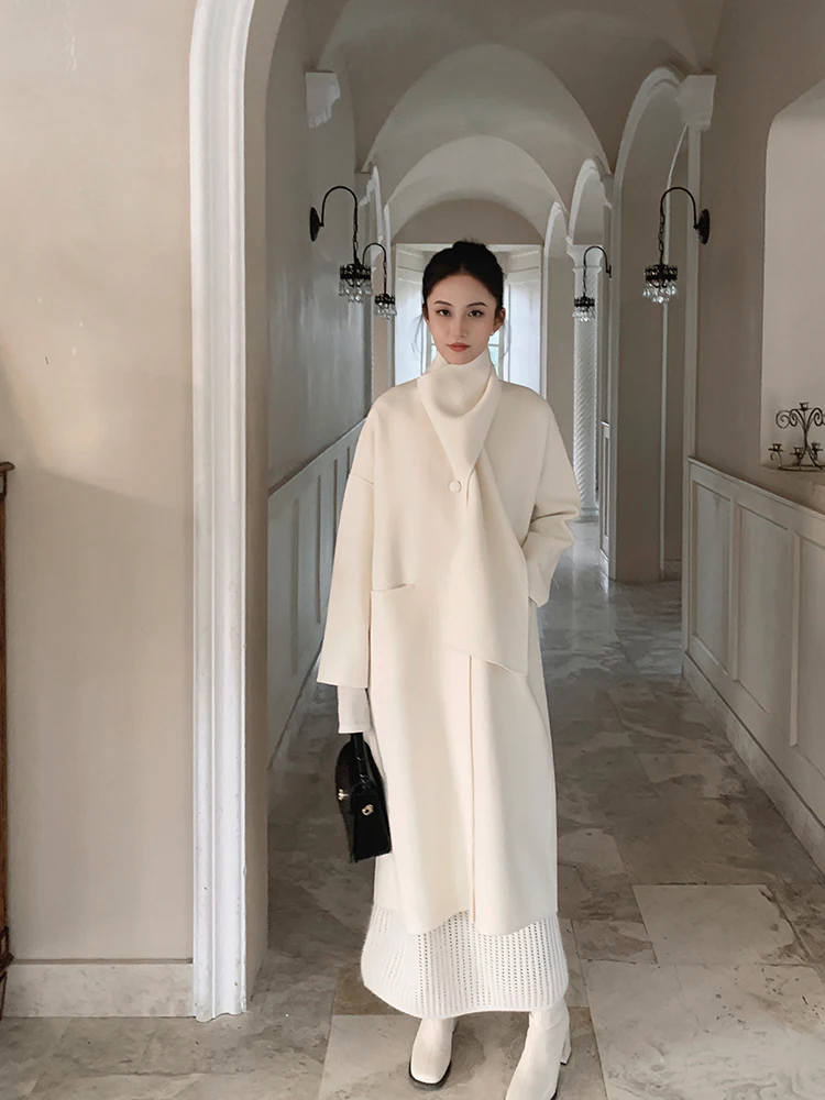 

Двусторонний шерстяной шарф, женское пальто средней длины, осень-зима 2022, новинка, верхняя одежда из овчины, простой Sle