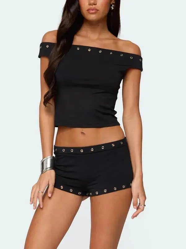 

Женский летний комплект из 2 предметов GuliriFei: стильный топ без рукавов с открытыми плечами и шорты с эластичной резинкой на талии