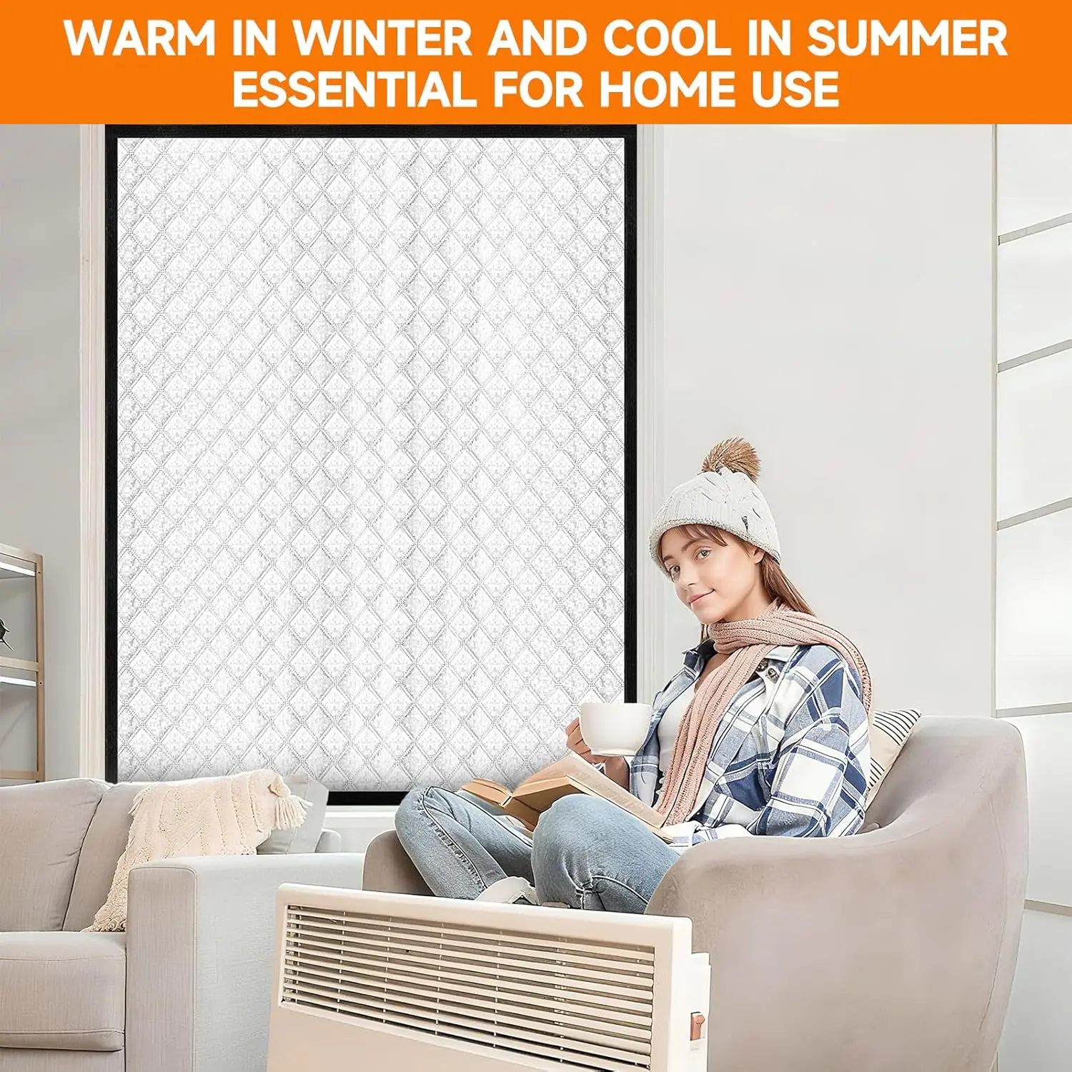 Winter-Thermo-Fenstervorhang, winddicht, energiesparend, geräuschreduzierend, selbstklebend, ohne Bohren, einfach zu installieren, Schwarz