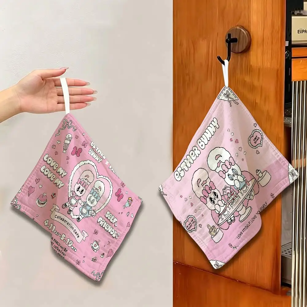 Cute P-Pink E-Esther Bunny Hanging Kitchen Towel, Polyester Cotton Material, Multipurpose Hand Wiping Towel for Family