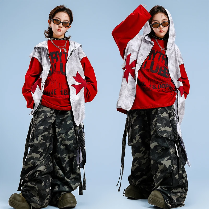 Jungen Hip Hop Top Kostüm Mädchen K-pop Coole Graffiti Mit Kapuze Weste Street Dance Cargo Hosen Kinder Teenager Streetwear kind Kleidung Sets