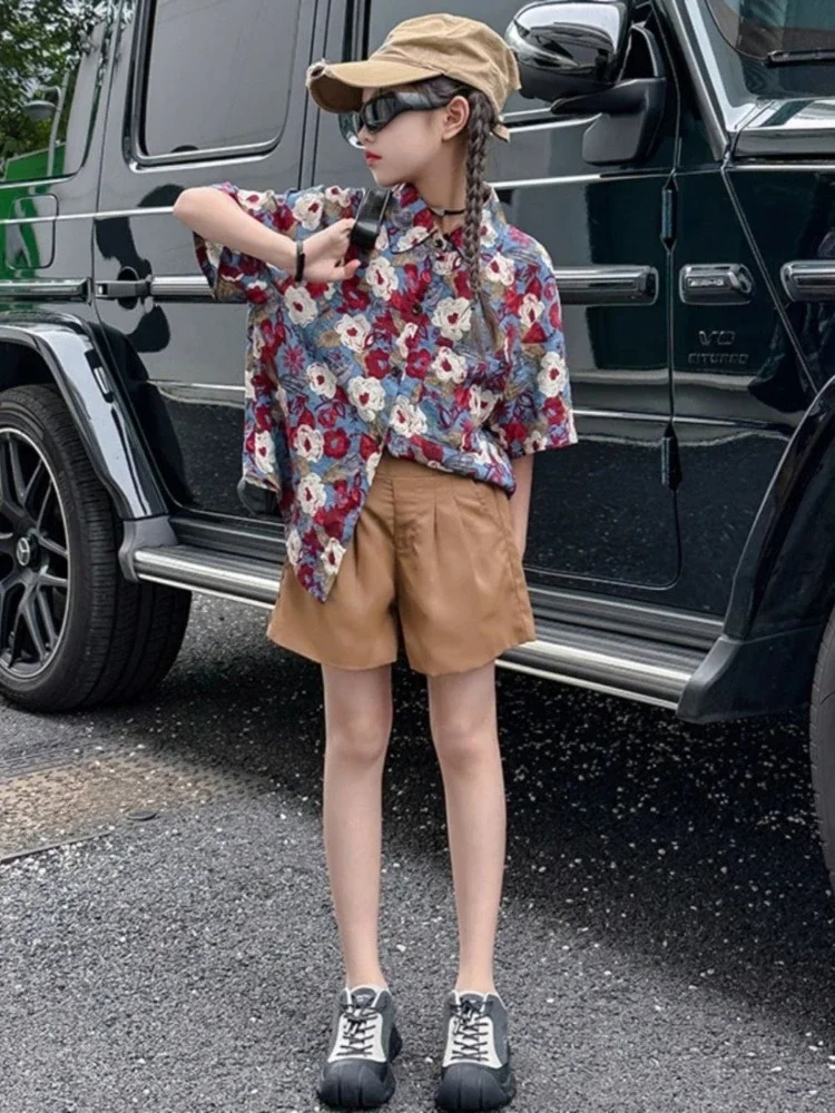 2026 New Summer Kids Unisex Floral Shirt Big Size Boys Girls Casual Short Sleeve Top Hong Kong Inspired Fashion for Ages 6-12​