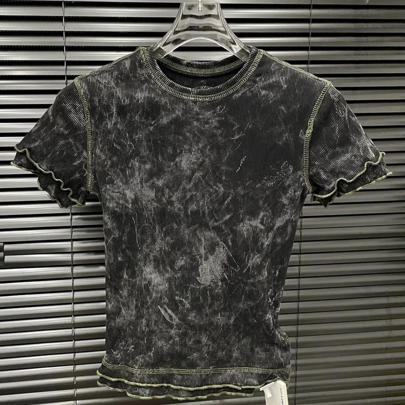 ANJY Summer New Women Vintage Dark Style Gradient Stretch Short Sleeve T-shirt Niche Design Patchwork Distressed Chic Top A23559