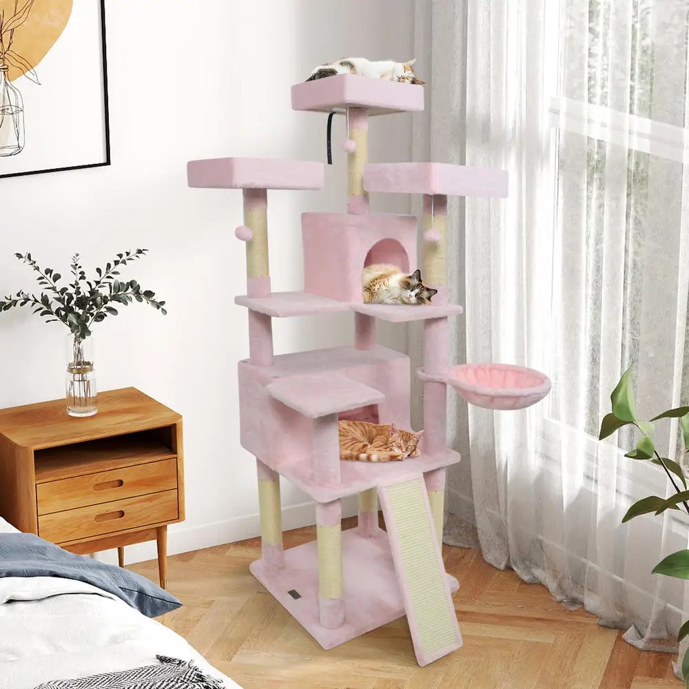 65 Inch Tall Multi-level Cat Tree With 3 Upholstered Perch And 2 Cat Condos-Pink
