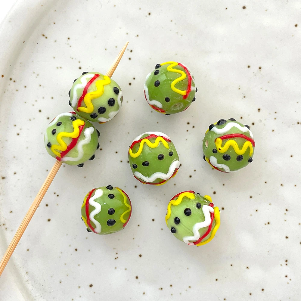 5 Pieces Colored Hand Drawn Perforated Round Beads Made of Glass DIY Jewelry Making Necklace Bracelet Accessory Materials