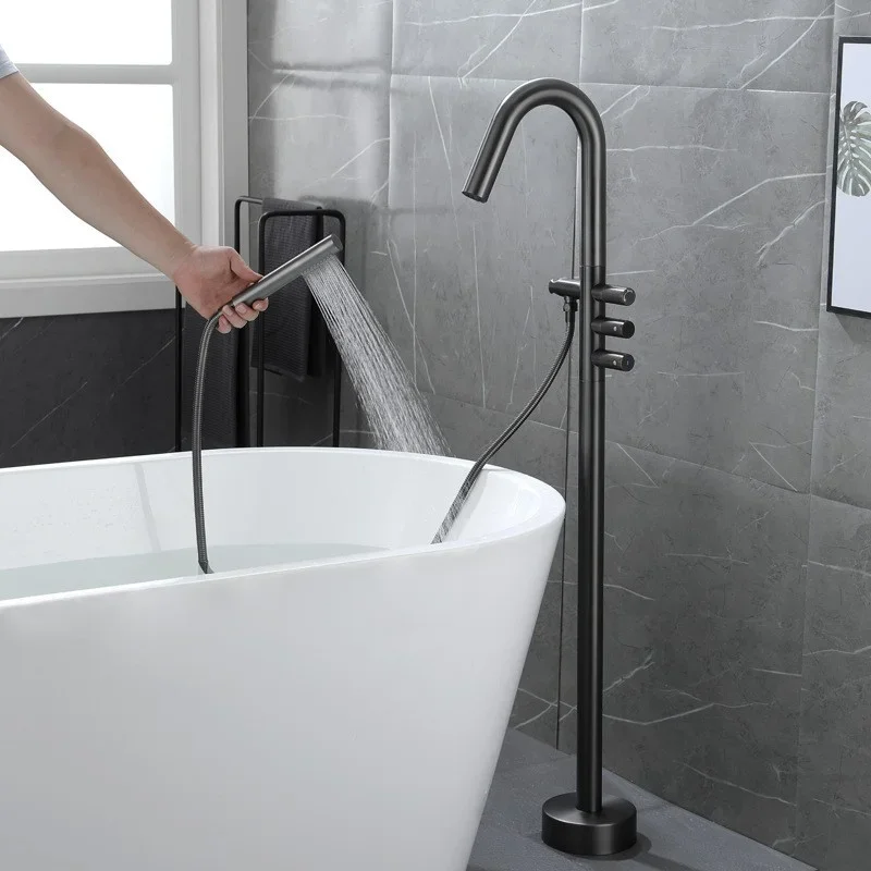 Imagem -03 - Solid Bras Gun Cinza Floor Stand Banheira Torneira Chuveiro Mistura Água Double Triple Handle Tub Mixer