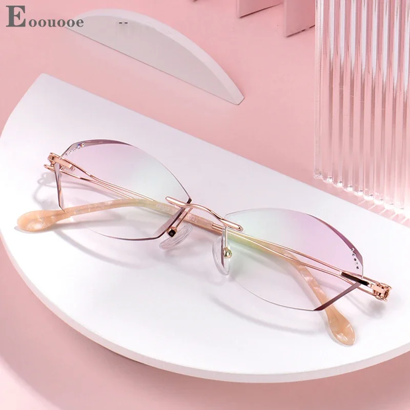 Crystal Designer Eyeglasses Women Rimless Glasses Frame Gradient Pink Lenses Female Myopia  Prescription Reading Spectacles