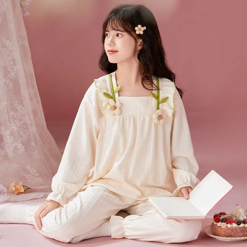 القطن الكتان تنفس الفتيات منامة قطعتين دعوى طويلة الأكمام بنطلون منامة الربيع الخريف الأطفال مستديرة الرقبة ثوب النوم