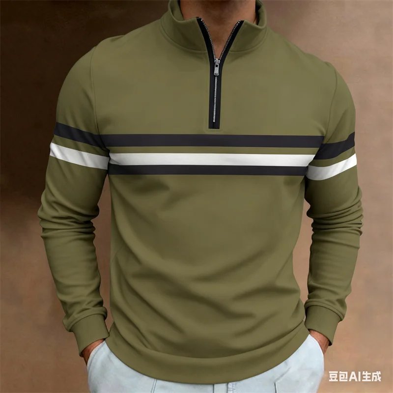 เสื้อเชิ้ตผู้ชายคอตั้งแบบซิปครึ่งตัว ลายพิมพ์ 3 มิติ ลายทาง สำหรับฤดูใบไม้ร่วง สไตล์ลำลองธุรกิจ แห้งเร็ว ผลิตจากโพลีเอสเตอร์ แขนยาว