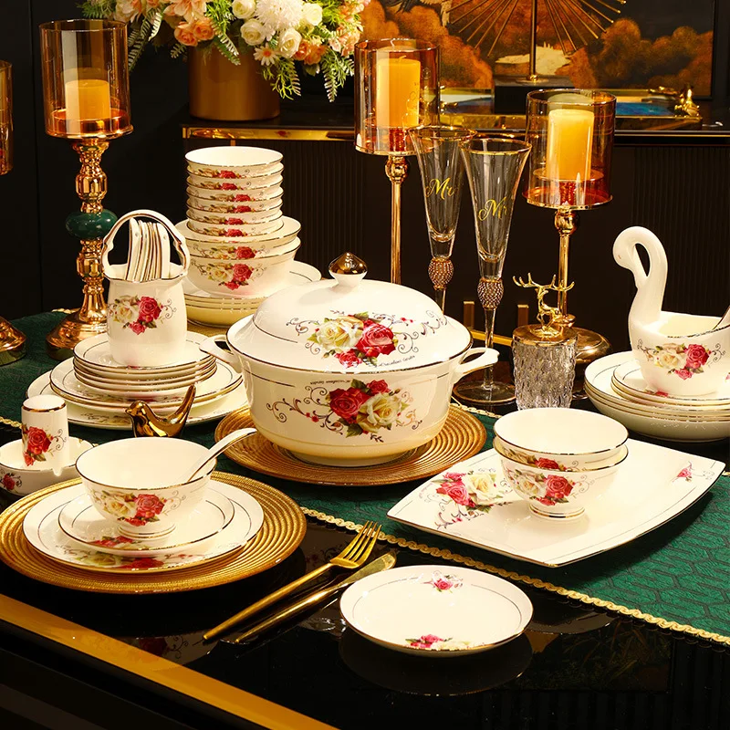 60 pieces European bone china hand-painted drawing dishes, ceramic tableware set