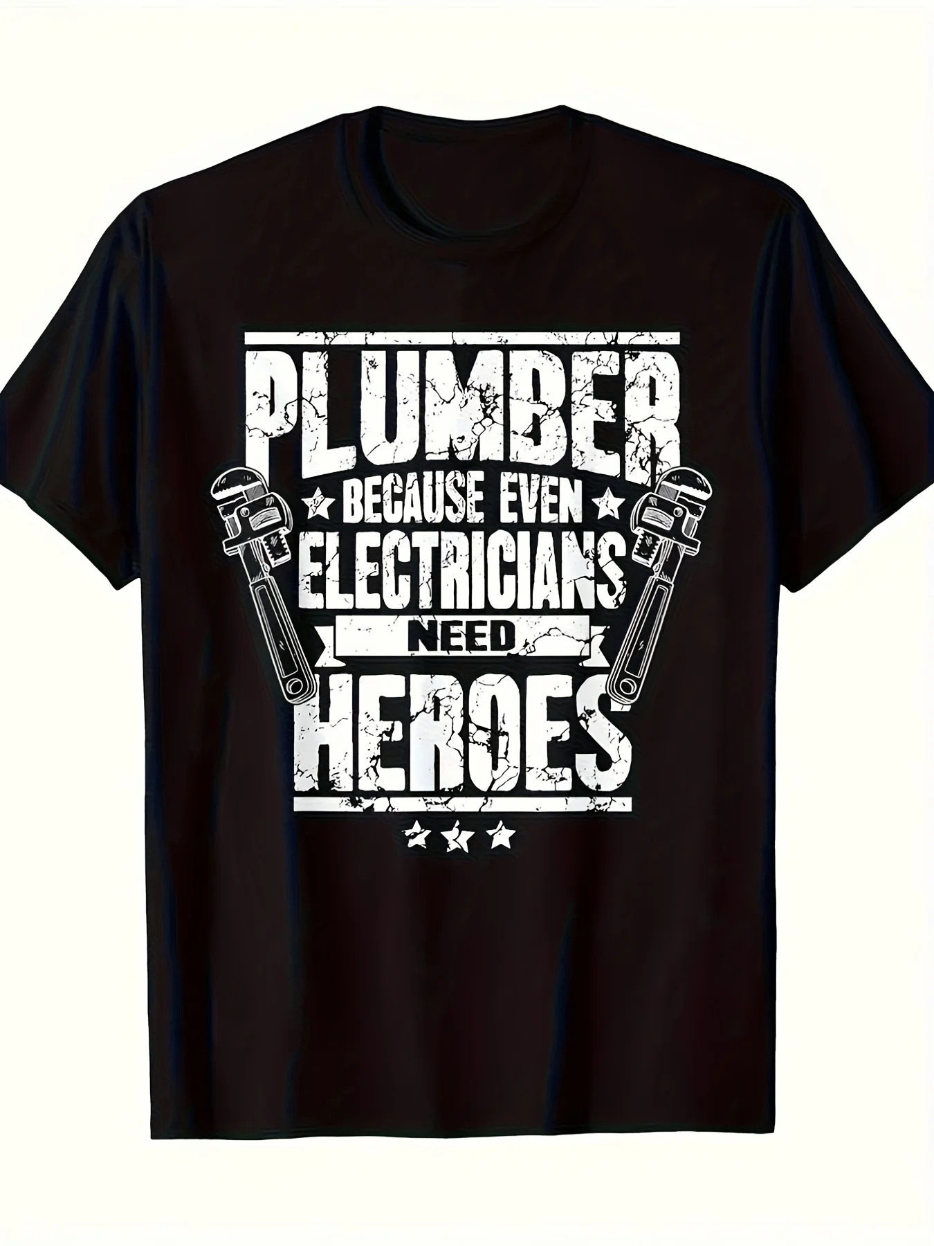 Men'S Humorous T-Shirt for Plumbers And Electricians -  Crew Neck Short Sleeve Tee Featuring a Tool Graphic And Phrase, 'Plumber Because Even Electricians Require Heroes' - Fit