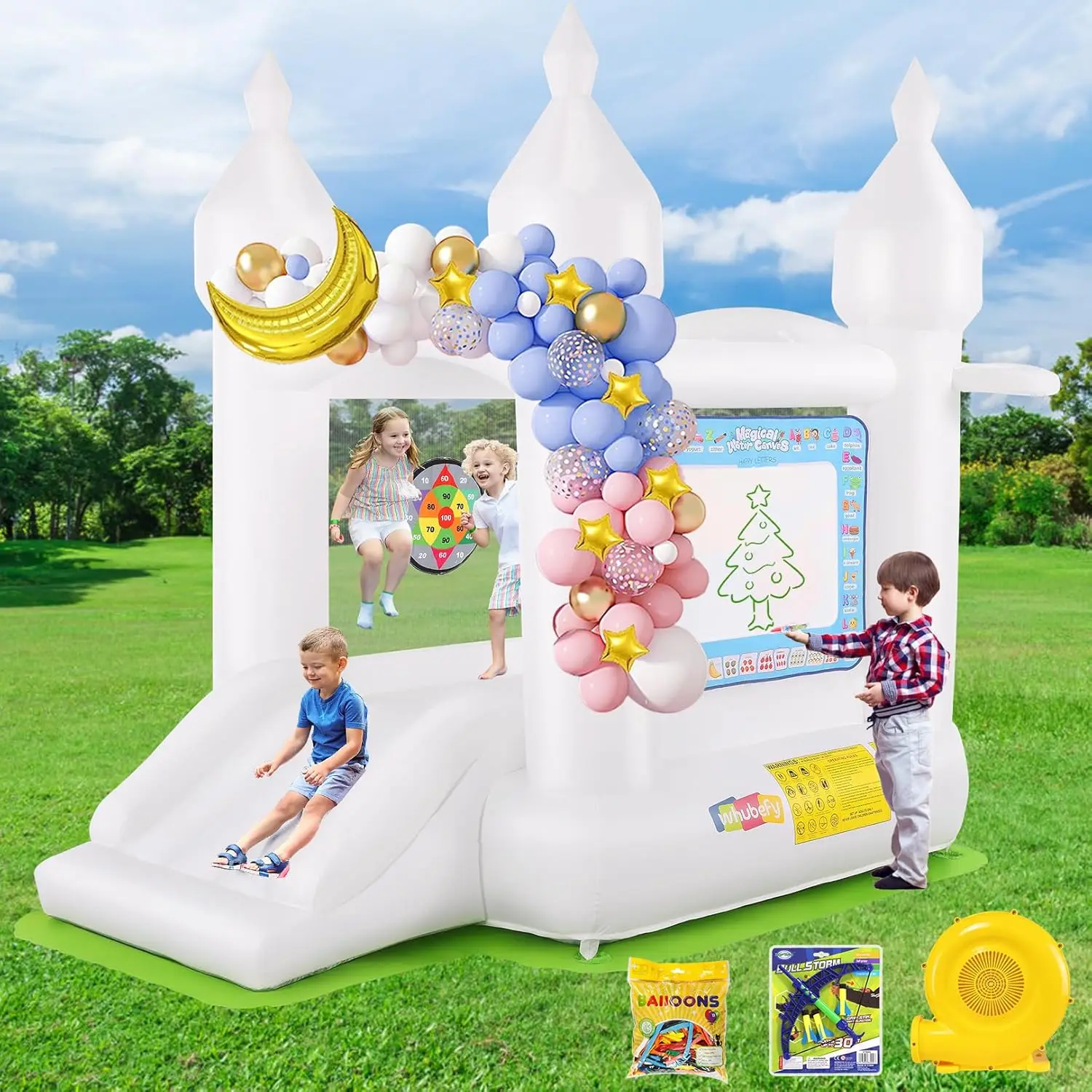 

Белый прыгающий домик для детей 3–6 лет с выдвижным вентилятором, воздушным шаром и ковриком для рисования водой, домашний надувной надувной замок для малышей 1-3 лет