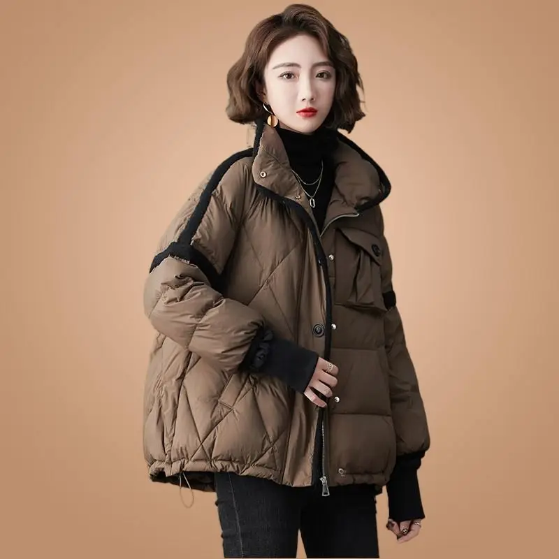 Casaco de algodão grosso grosso para baixo feminino, jaqueta puffer de inverno, manga comprida, acolchoado, moda coreana, casacos com zíper, preto, cinza