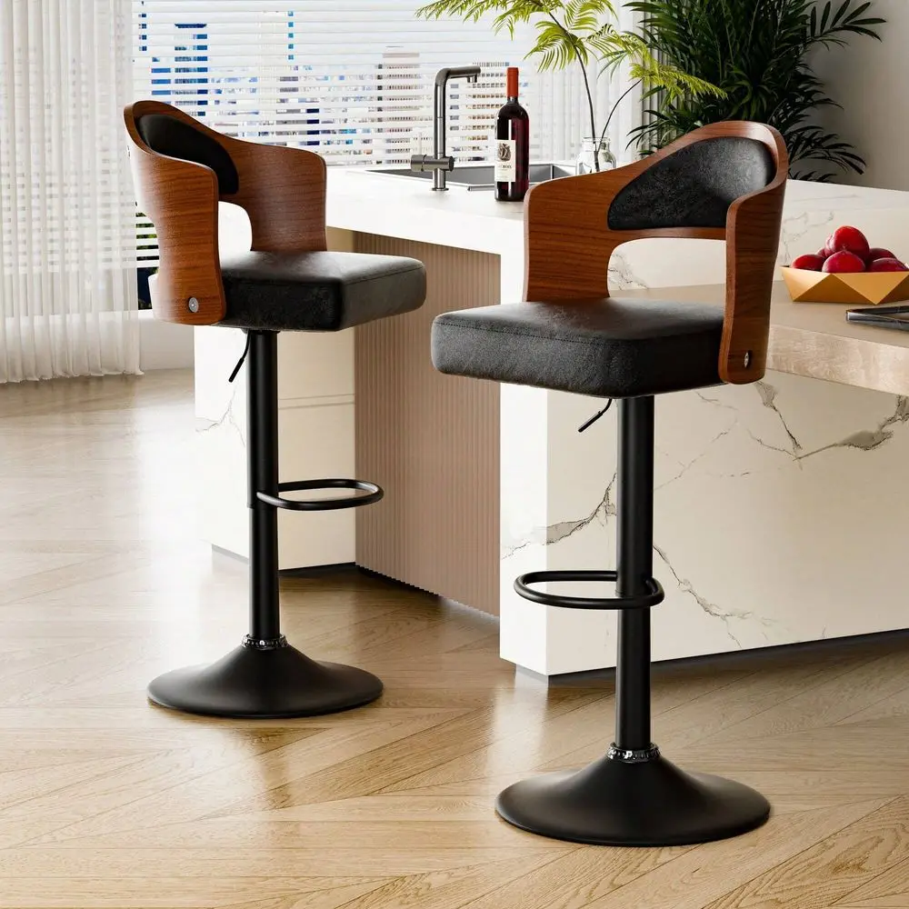 

Bar Stools Sillas Para Barra AltaWooden Barstools PU Leather Holstered Bar Chairs Set Of 2 With Back Footrest