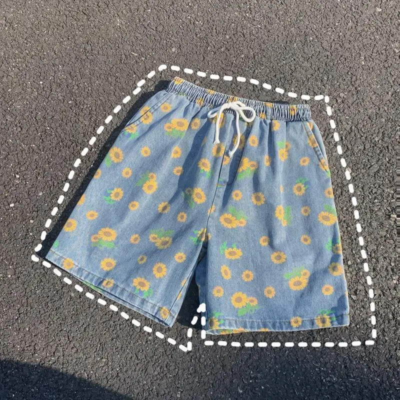 Y2k Fashion Casual Little Daisy Printe Denim Shorts Men Summer Super Hot Five Quarter Pants Wear Loose Casual Beach Pants Trend