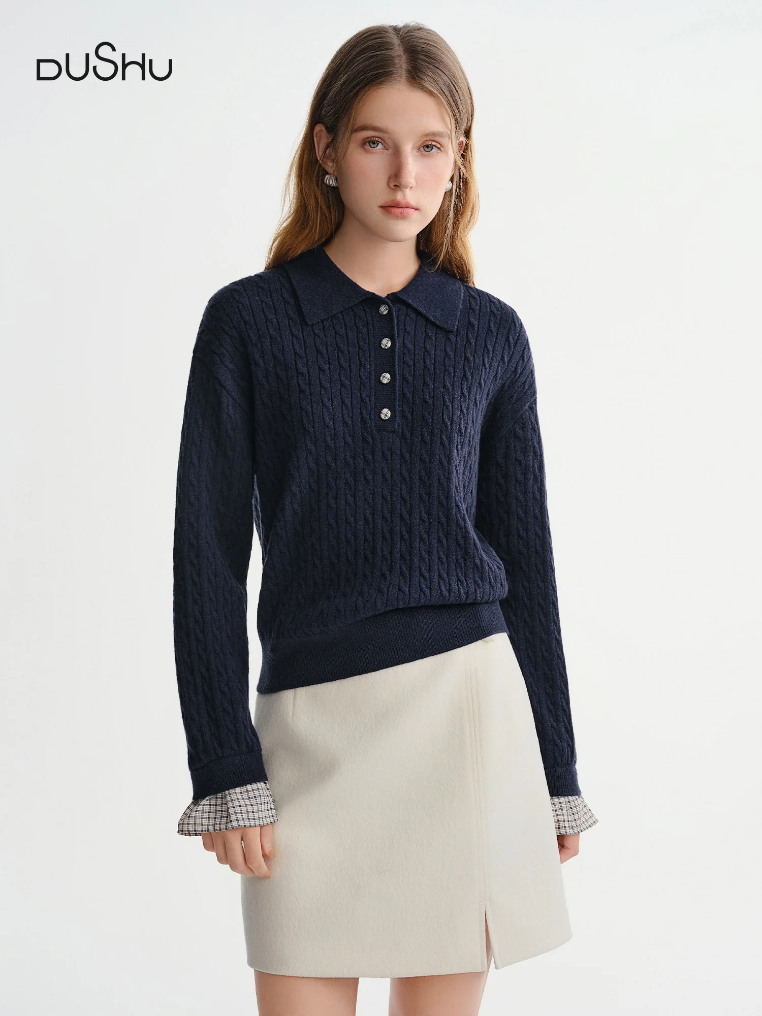 

DUSHU 2025 Women's Polo Collar Plaid Panel Twist Knit Sweater - Cable Stitch Cotton Blend Top with Casual Comfort Fit