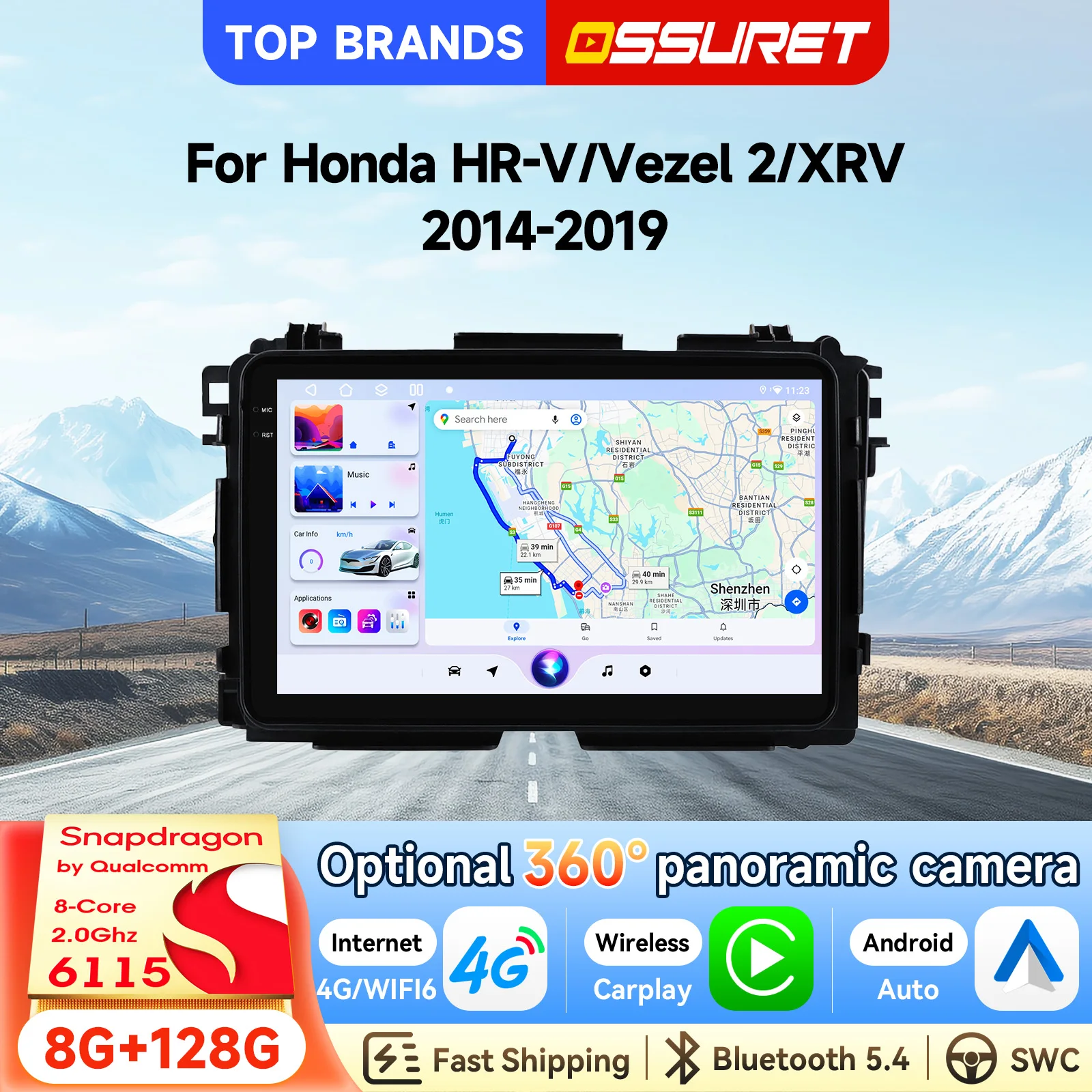 OSSURET 2 Din 9'' Android 15 GPS-Navigation Autoradio für Honda HR-V/Vezel 2/XRV 2014-2019 Headunit mit Snapdragon 6115, Wireless CarPlay, Android Auto, SWC, RDS, DSP, Audio, Radio, 4G, Bluetooth,