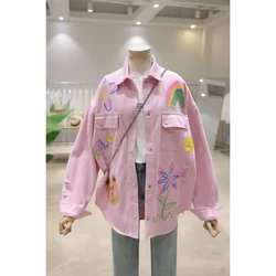 Heavy Industry Little Bear Graffiti Printed Spring Clothes Loose Medium Long Shattered Washed Cotton Cowboy Jacket for Women