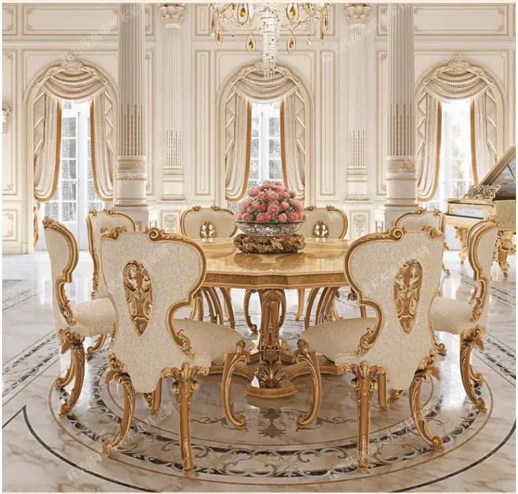 European solid wood round table hand carving art retro do old craft French court classical hand-painted dining tables and chairs