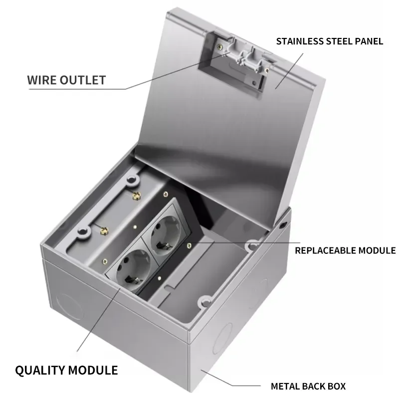 Metal Panel Stainless Steel 130Size Universal Inlaid Floor Socket - 2 Power Outlets with Recessed USB and Network Functionality