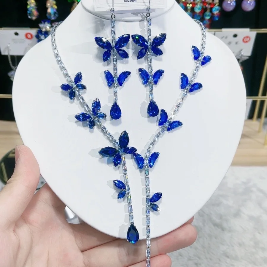 

Elegant Crystal Jewelry Set Blue Butterfly Cubic Zirconia Necklace Earrings Sets 925 Silver Posts Bridal Wedding Party Jewelry