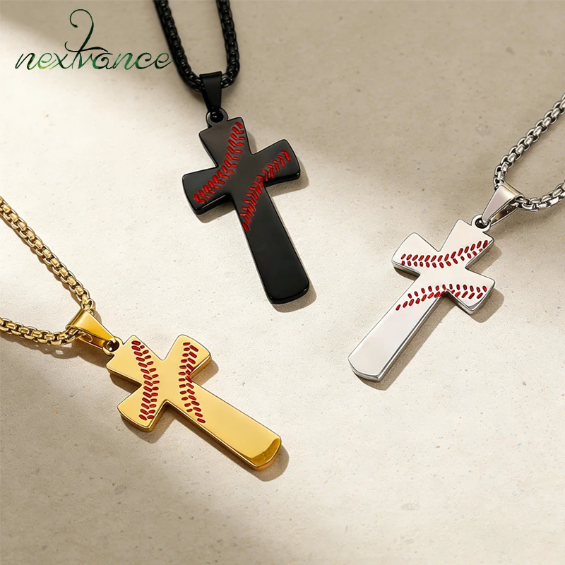

Nextvance Trendy Baseball Stitch Cross Pendant Necklace Stainless Steel Red Enamel Sports Faith Jewelry for Men Fans Daily Gifts
