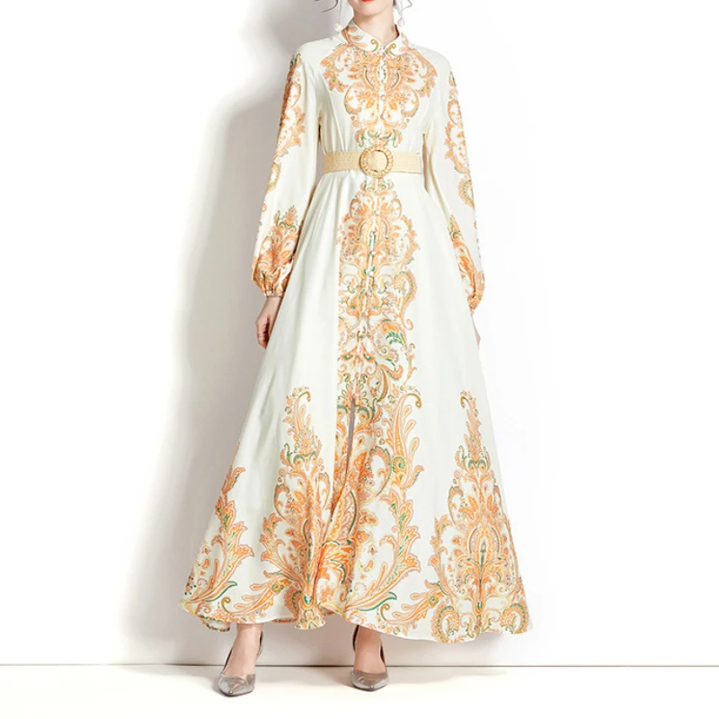 

Oange Print Vintage Print Dress Spring Summer Fashion Dress 2023 Modest Elegant Dress Long Sleeve Stand Collar Dress for Female