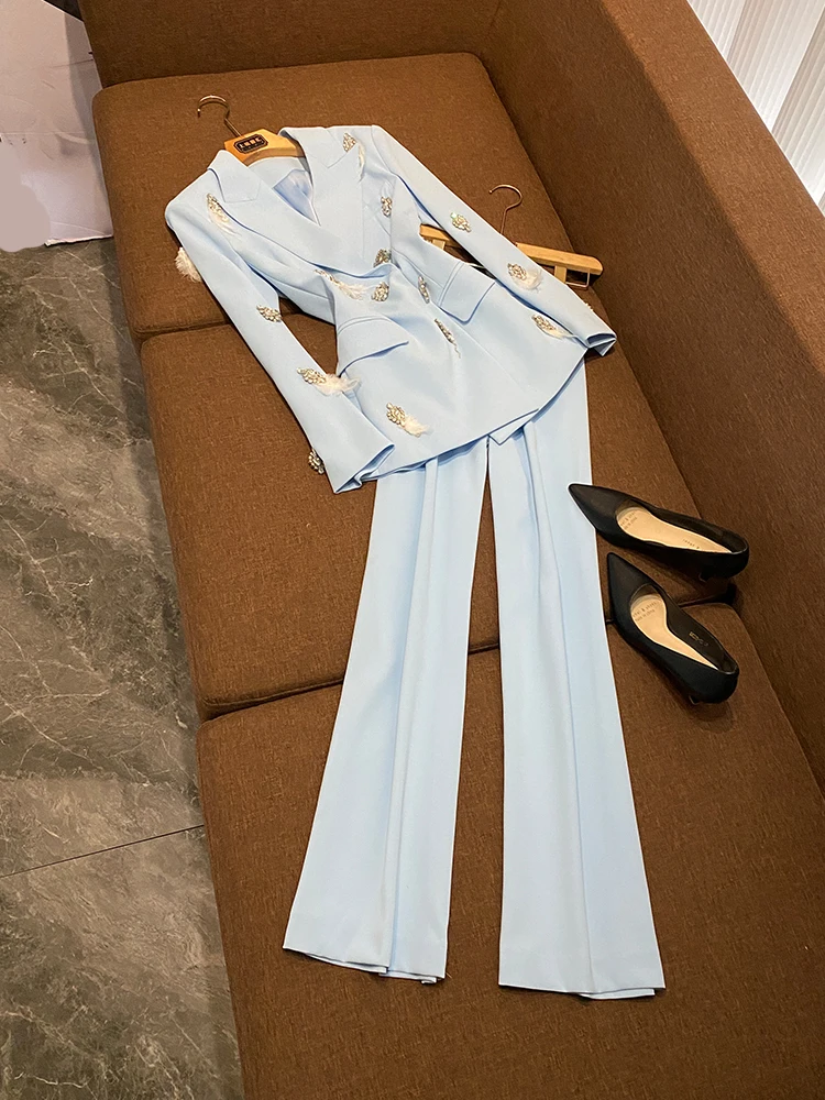 

Элитный женский костюм Ele с перьями, микро-клеш, брюки с бриллиантами, модная осенняя рабочая одежда, материал из полиэстера